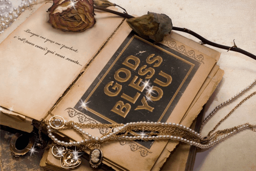 God Bless You With Vintage Book and Flowers